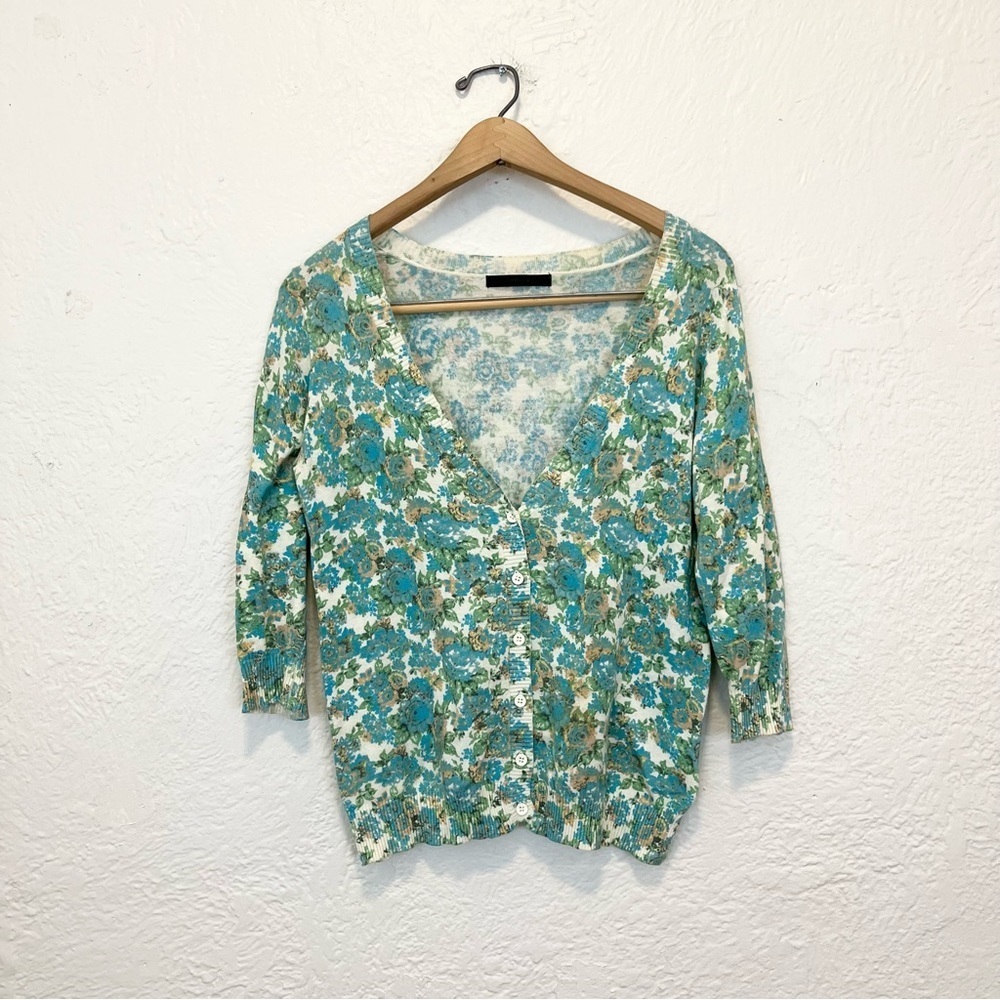 Moussy Floral Cardigan Sweater Top Blue Green Size Free One Size